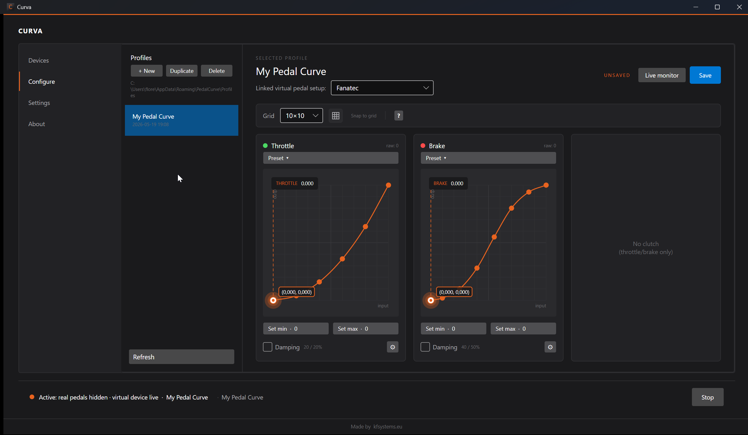 Screenshot of Curva showing throttle and brake response curves
