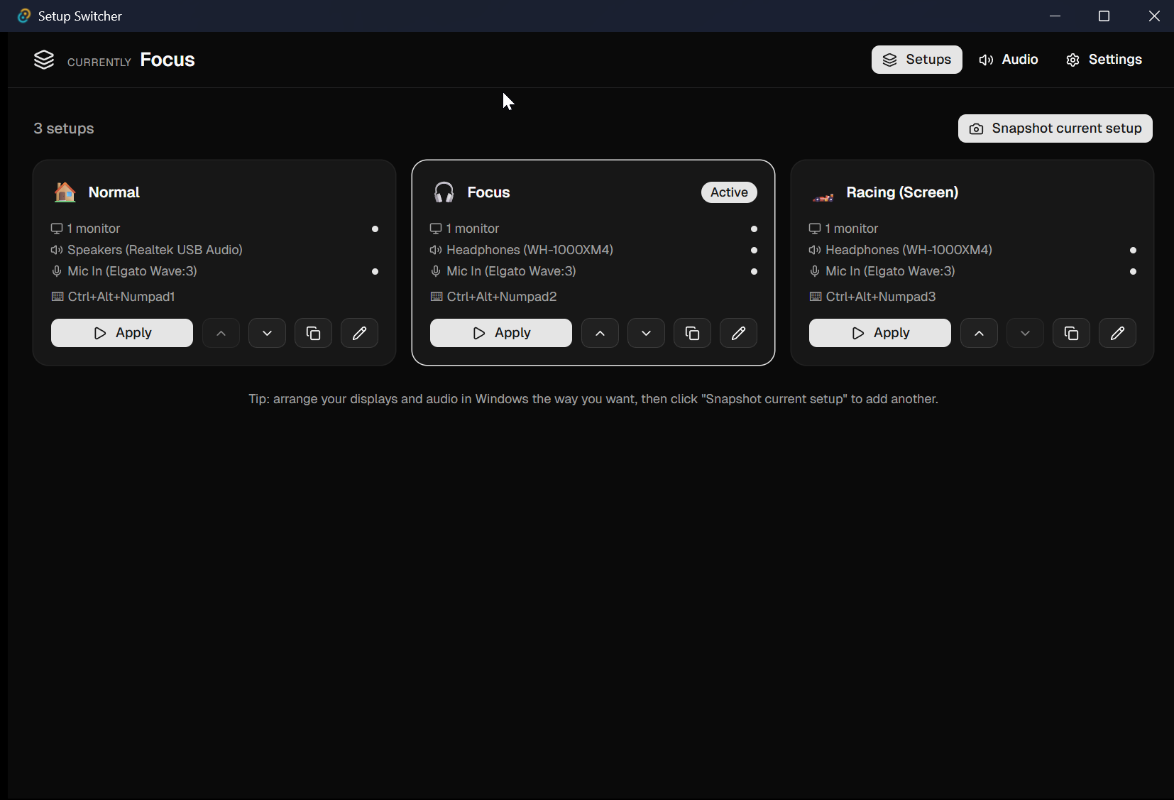 Screenshot of Setup Switcher showing a grid of saved Setup cards